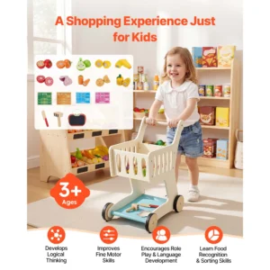 Mini Wooden Kids Shopping Cart Toy with Play Food