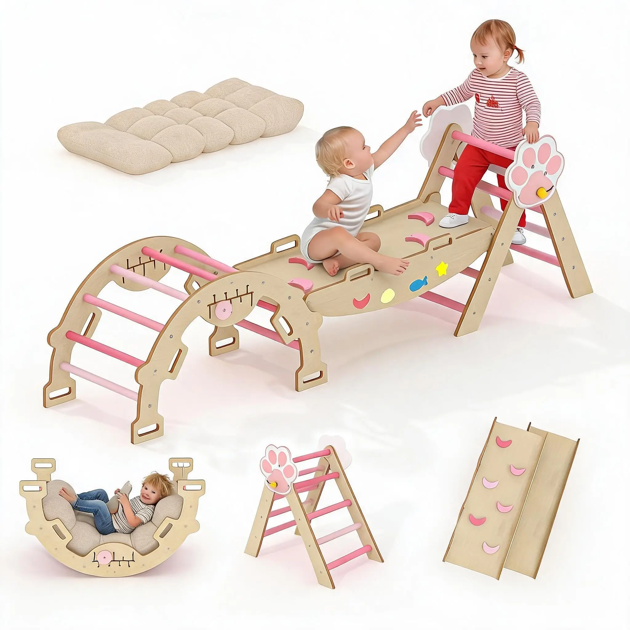 7-in-1 Wooden Indoor Jungle Gym With Reversible Animal Slide - Image 8