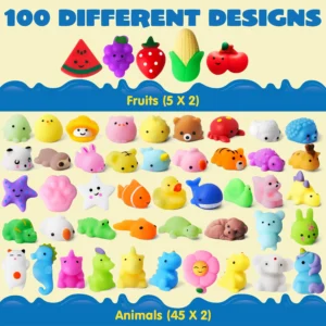 100 Pcs Mini Animals & Fruit Mochi Squishies