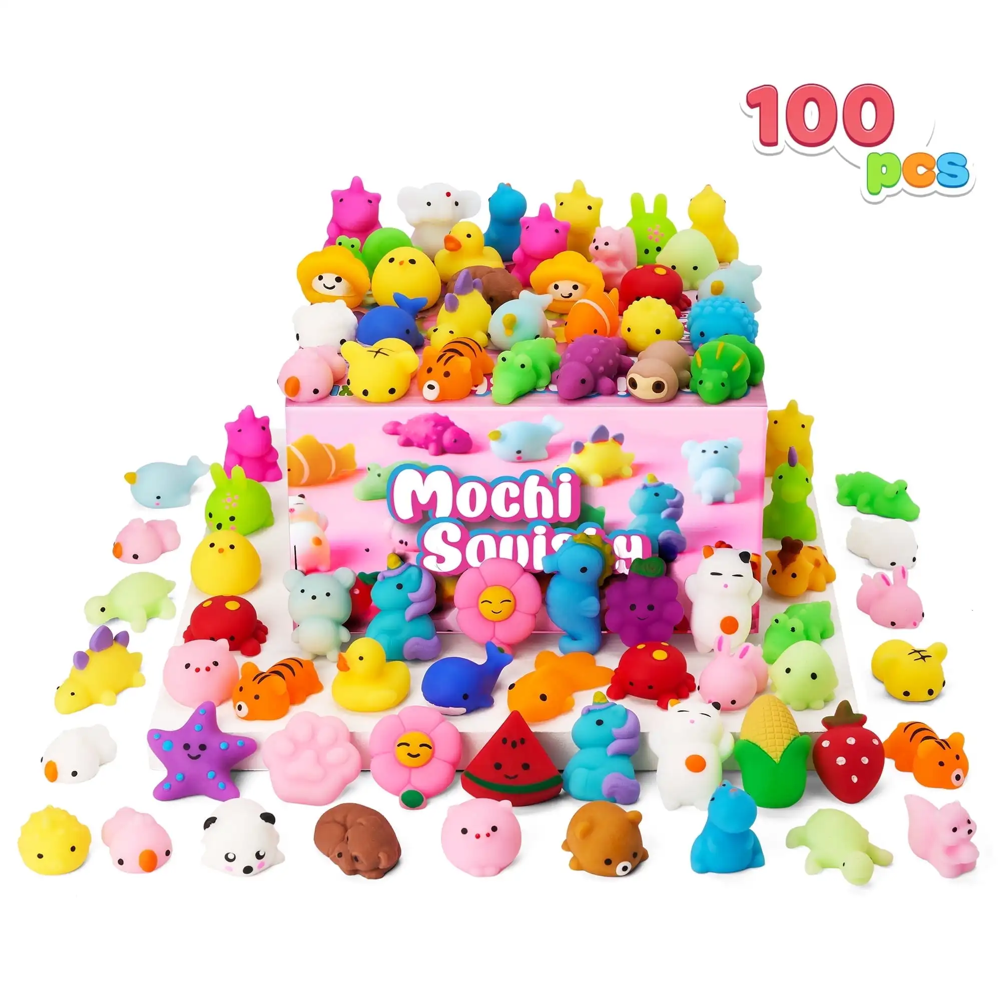 100 Pcs Mini Animals & Fruit Mochi Squishies - Image 2