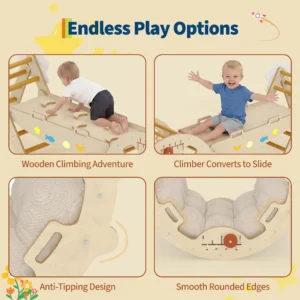 7-in-1 Wooden Indoor Jungle Gym With Reversible Animal Slide - Thumbnail Image 6