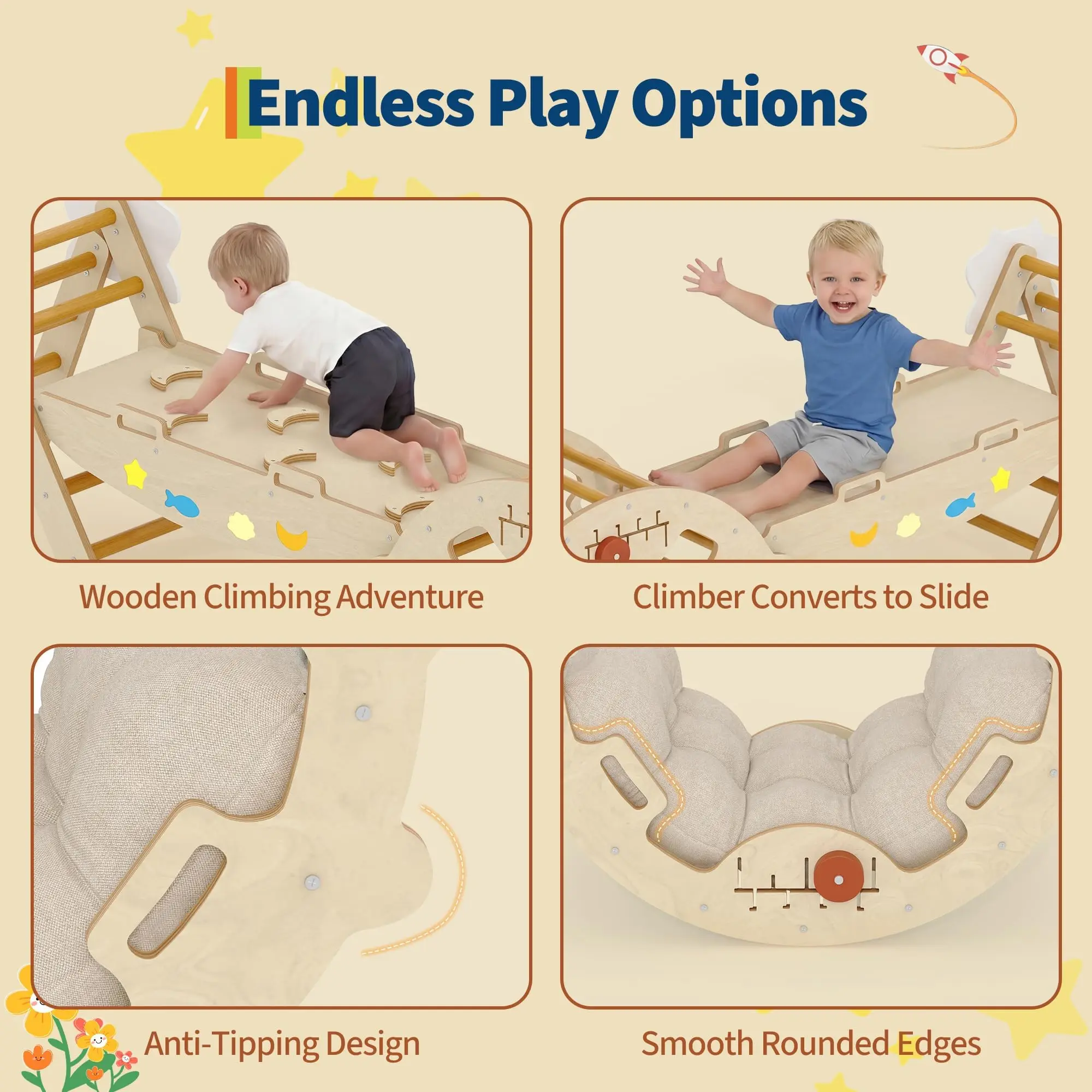 7-in-1 Wooden Indoor Jungle Gym With Reversible Animal Slide - Image 6
