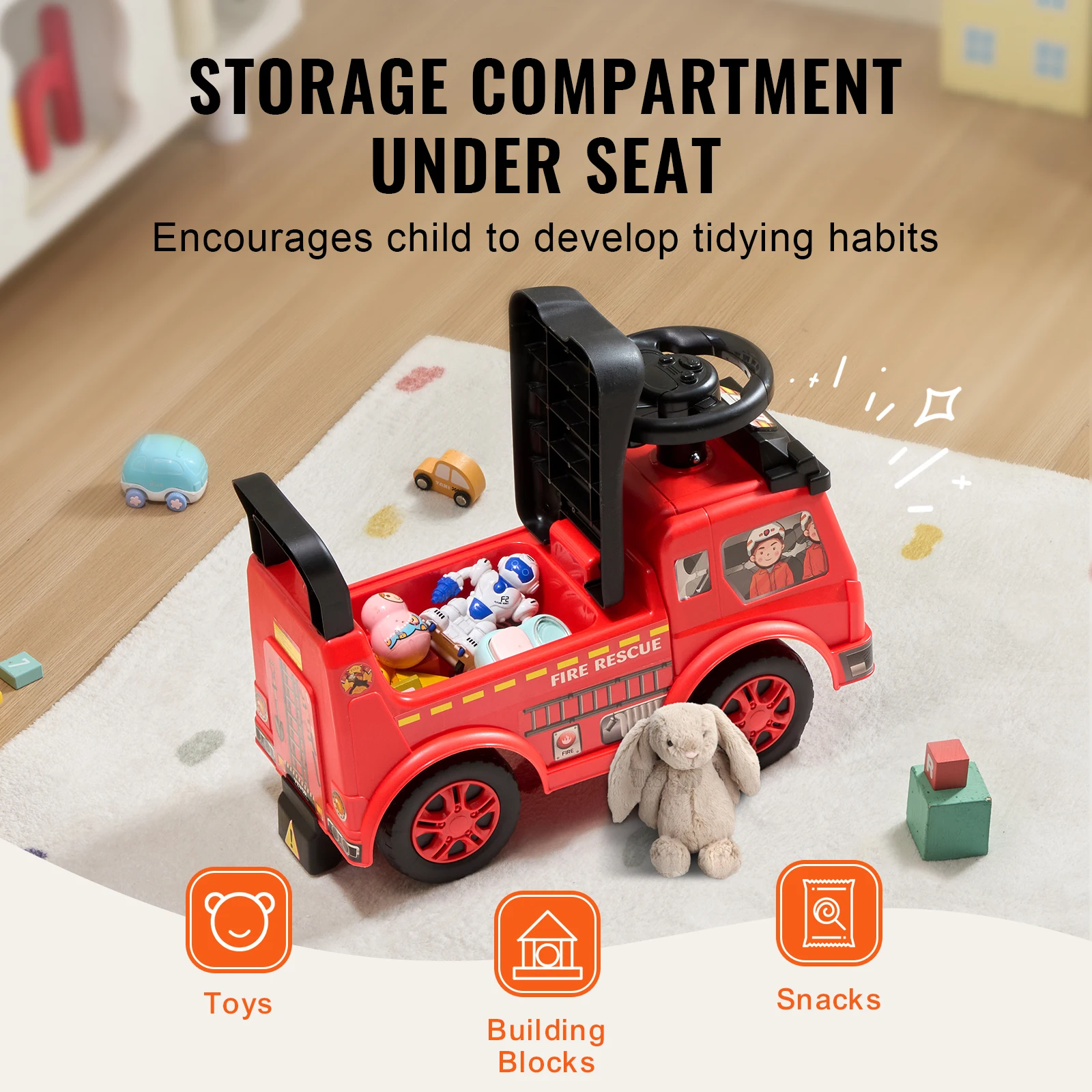 Ride On Push Car Kids Ride On Car with Music Steering Wheel & Under Seat Storage - Image 6