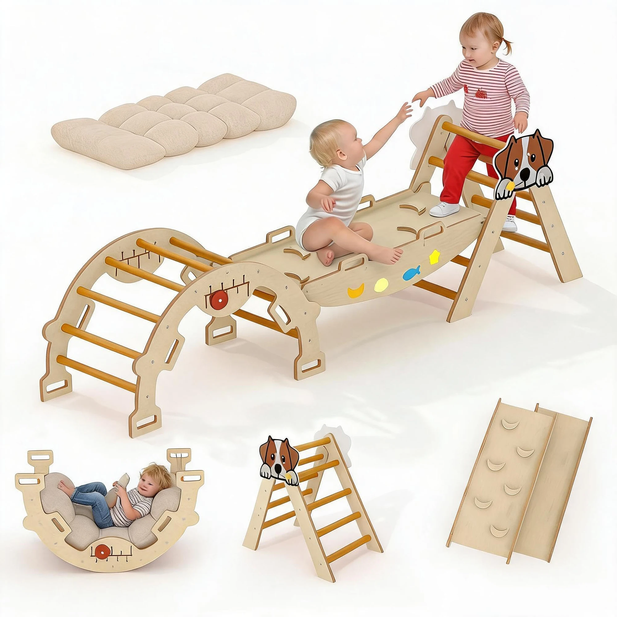 7-in-1 Wooden Indoor Jungle Gym With Reversible Animal Slide - Image 1