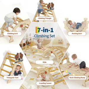 7-in-1 Wooden Indoor Jungle Gym With Reversible Animal Slide - Thumbnail Image 2