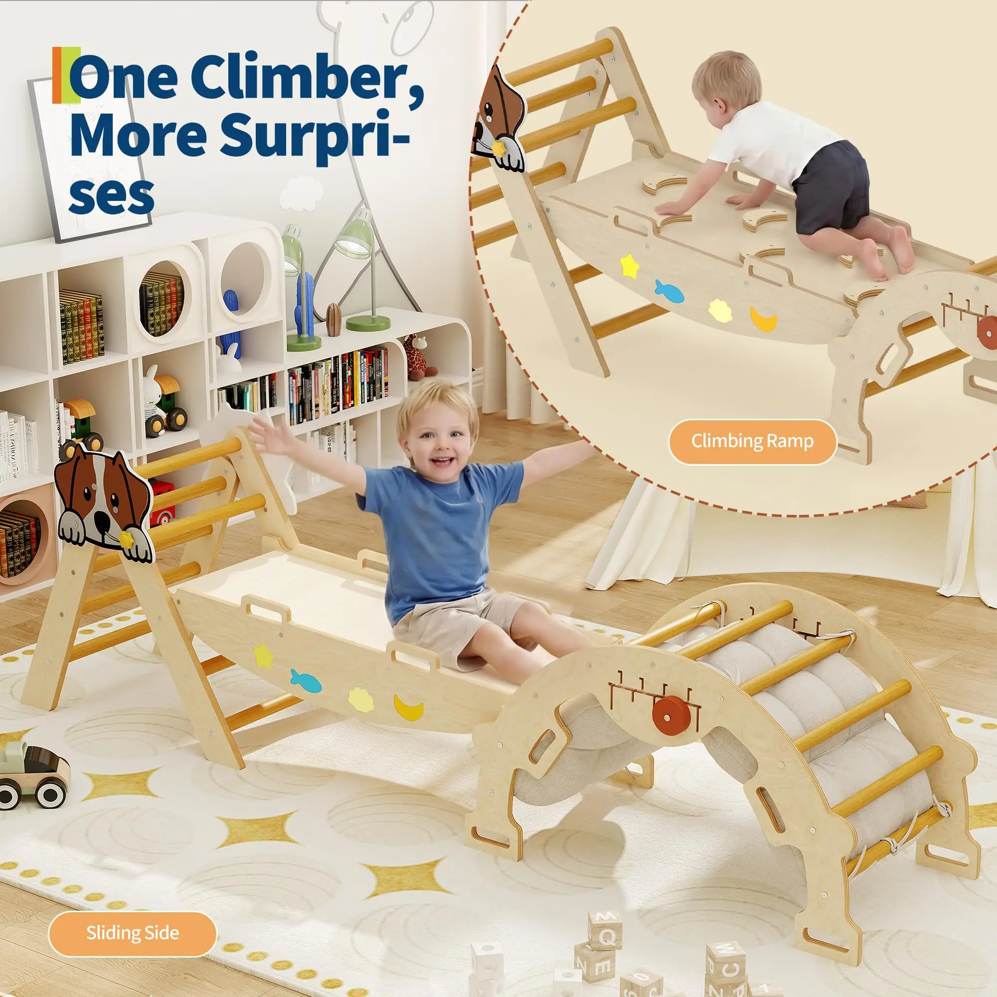 7-in-1 Wooden Indoor Jungle Gym With Reversible Animal Slide - Image 4