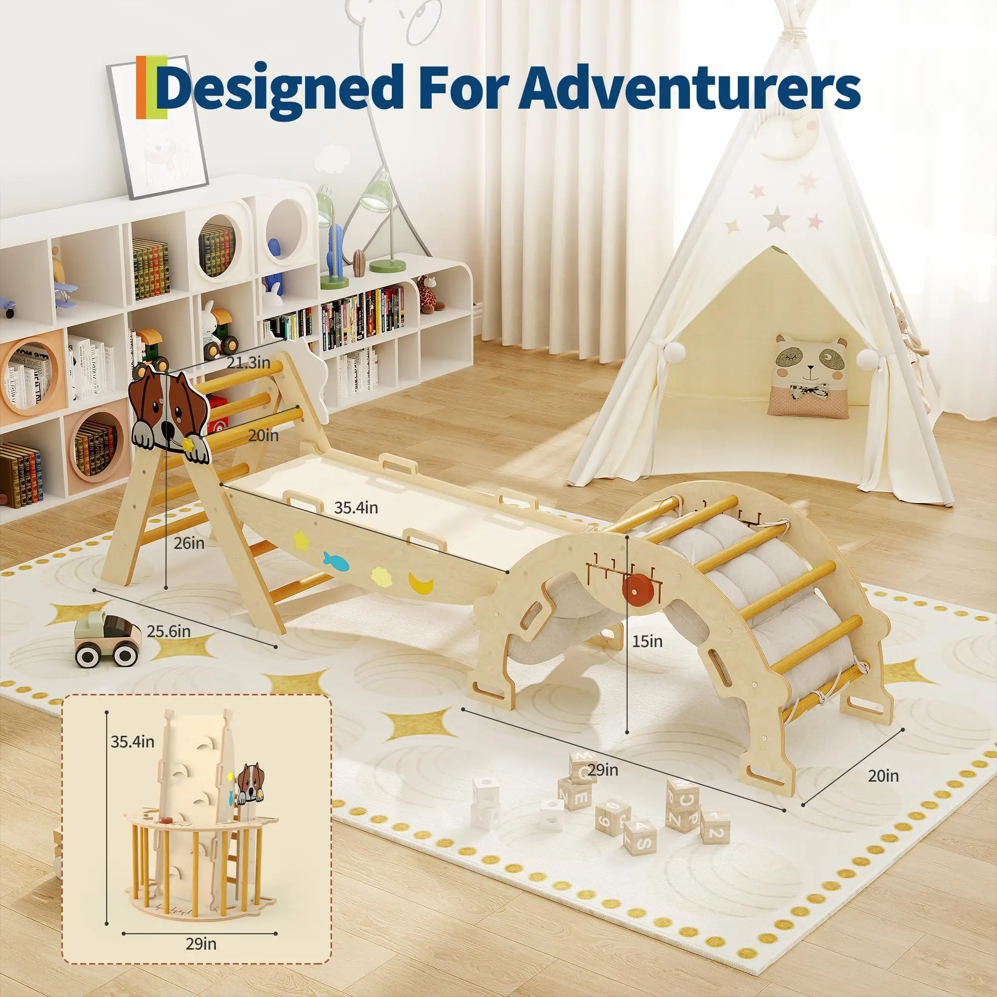 7-in-1 Wooden Indoor Jungle Gym With Reversible Animal Slide - Image 3