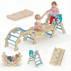 7-in-1 Wooden Indoor Jungle Gym With Reversible Animal Slide - Thumbnail Image 9